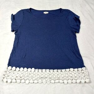 MAISON JULES BLUE POLKA-DOT LACE TRIM T-SHIRT SIZE MEDIUM